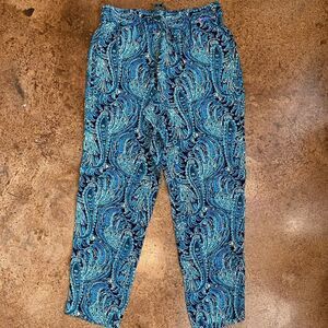 TALBOTS petite teal‎ paisley drawstring cropped wide leg pants